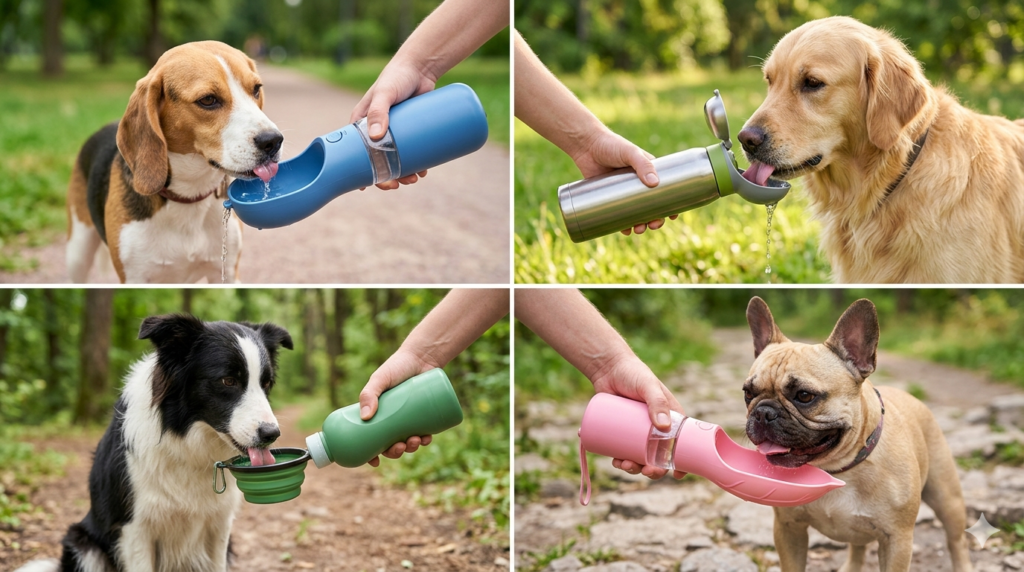 Dog drinking from portable water bottle outdoors - best dog water bottles 2026