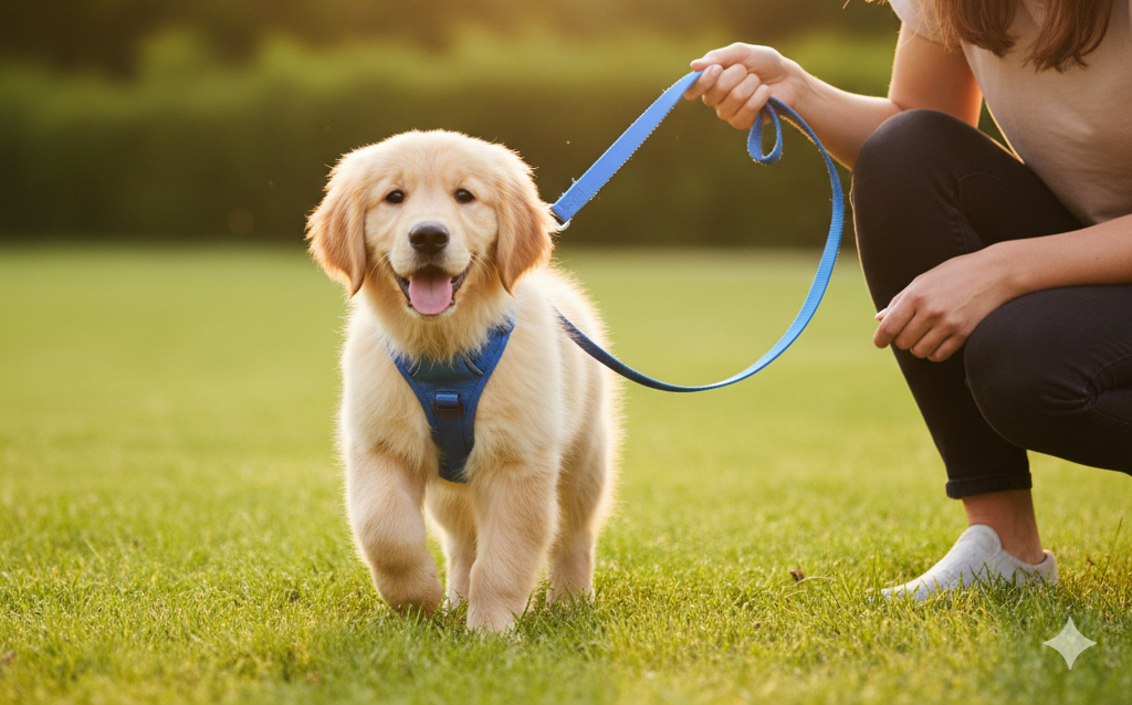 Puppy walking on leash with harness in a park