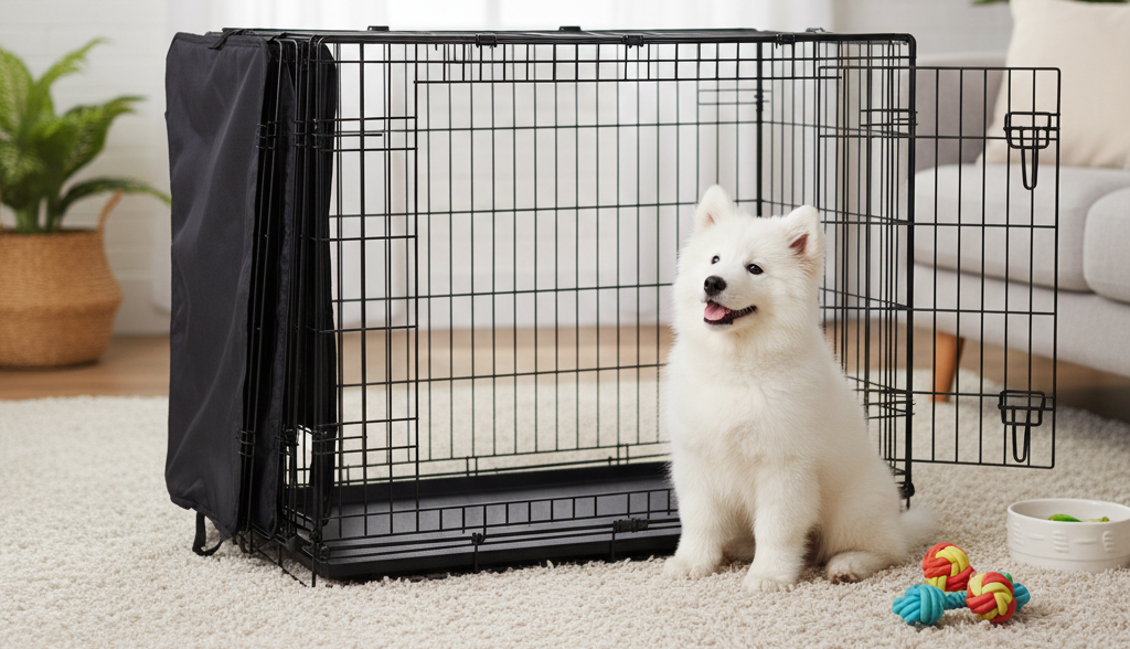 Dog sitting inside a wire crate in a cozy home setting