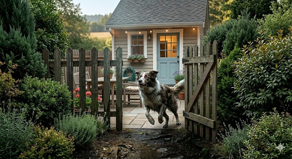 Dog running through backyard gate — why GPS trackers matter