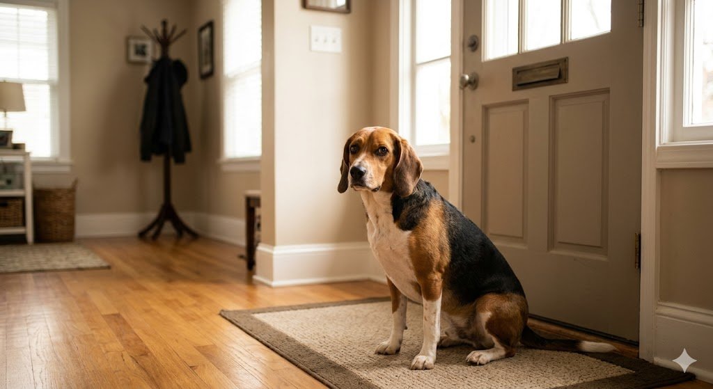 Dog sitting alone by front door showing separation anxiety