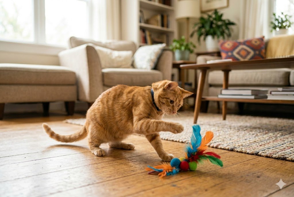 indoor cat playing with toy on wooden floor