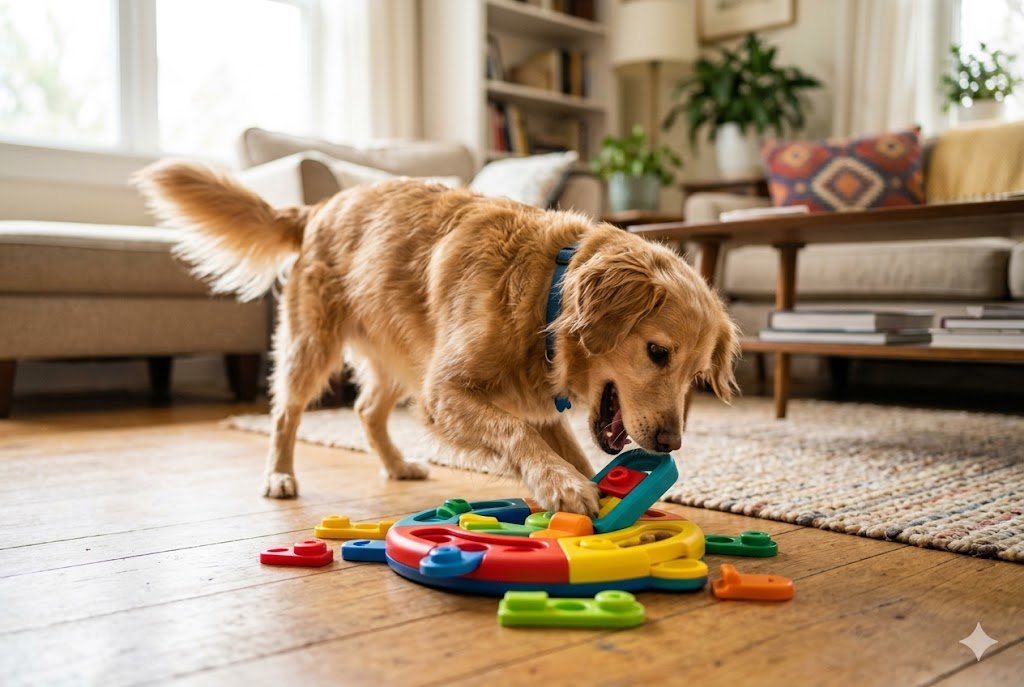 dog playing with interactive puzzle toy indoors