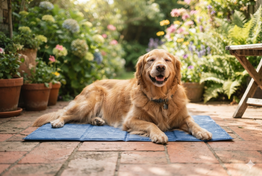 Dog lying on a cooling mat to stay comfortable in summer heat