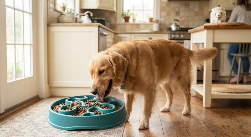 slow feeder dog bowl - dog eating from maze bowl to prevent bloat